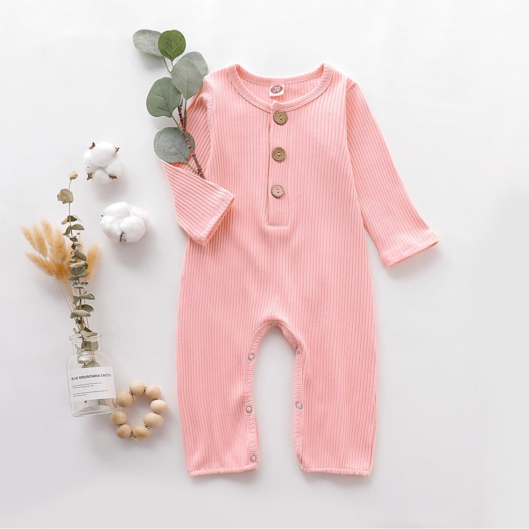 Pink Solid Striped Long Sleeve Jumpsuit